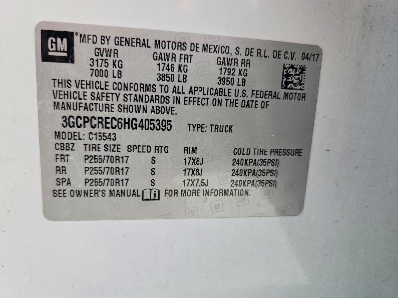 2017 Chevrolet Silverado მანქანა იყიდება აუქციონზე, vin: 3GCPCREC6HG405395, აუქციონის ნომერი: 54554876