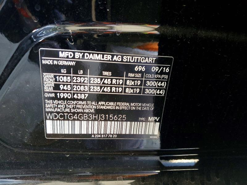 2017 Mercedes-benz Gla მანქანა იყიდება აუქციონზე, vin: WDCTG4GB3HJ315625, აუქციონის ნომერი: 55890006