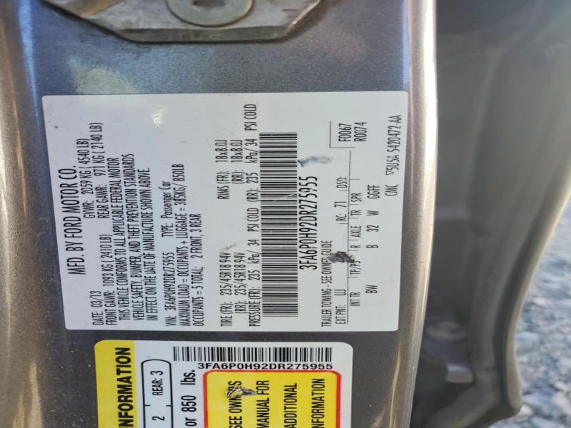 2013 Ford Fusion მანქანა იყიდება აუქციონზე, vin: 3FA6P0H92DR275955, აუქციონის ნომერი: 58217926