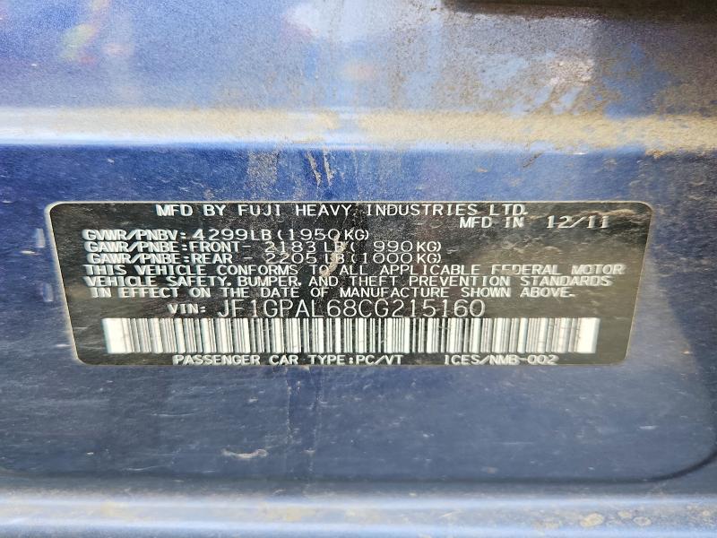 Продаж на аукціоні авто 2012 Subaru Impreza, vin: JF1GPAL68CG215160, номер лоту: 58242116