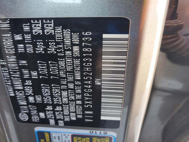 55742536 :رقم المزاد ، 5XYPG4A52HG318736 vin ، 2017 Kia Sorento مزاد بيع