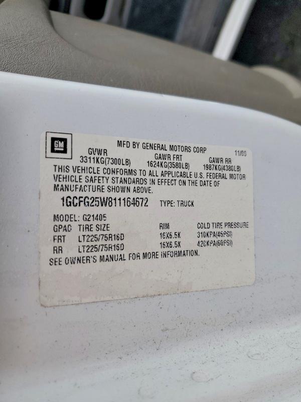 Продаж на аукціоні авто 2001 Chevrolet Express, vin: 1GCFG25W811164672, номер лоту: 85983015