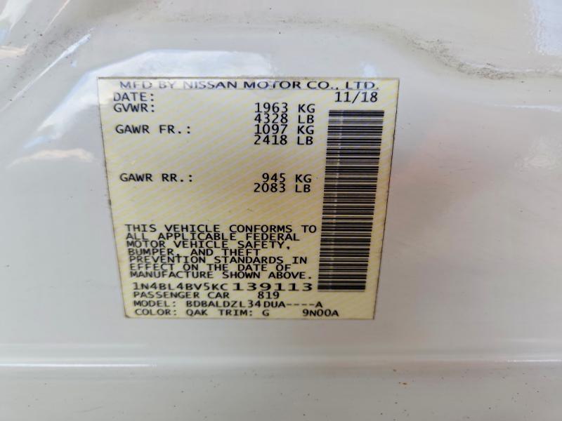 Продаж на аукціоні авто 2019 Nissan Altima, vin: 1N4BL4BV5KC139113, номер лоту: 58875286