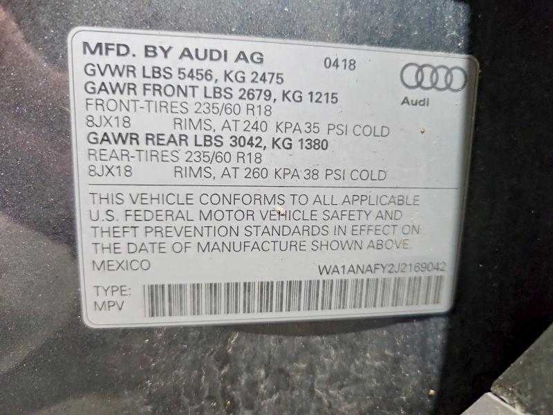 2018 Audi Q5 მანქანა იყიდება აუქციონზე, vin: WA1ANAFY2J2169042, აუქციონის ნომერი: 59150896