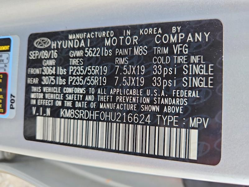 58650476 :رقم المزاد ، KM8SRDHF0HU216624 vin ، 2017 Hyundai Santa Fe مزاد بيع