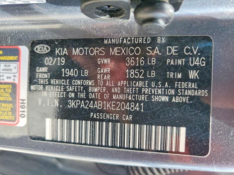 2019 Kia Rio მანქანა იყიდება აუქციონზე, vin: 3KPA24AB1KE204841, აუქციონის ნომერი: 56754516