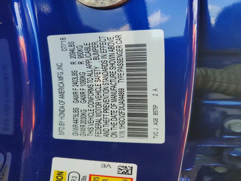 Продаж на аукціоні авто 2018 Honda Accord, vin: 1HGCV2F3XJA044869, номер лоту: 56972356