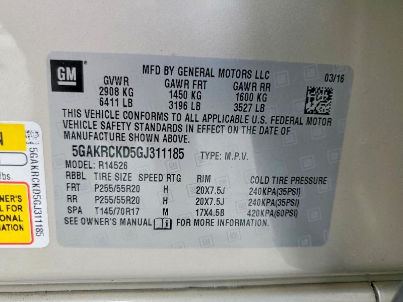 2016 Buick Enclave მანქანა იყიდება აუქციონზე, vin: 5GAKRCKD5GJ311185, აუქციონის ნომერი: 55705306
