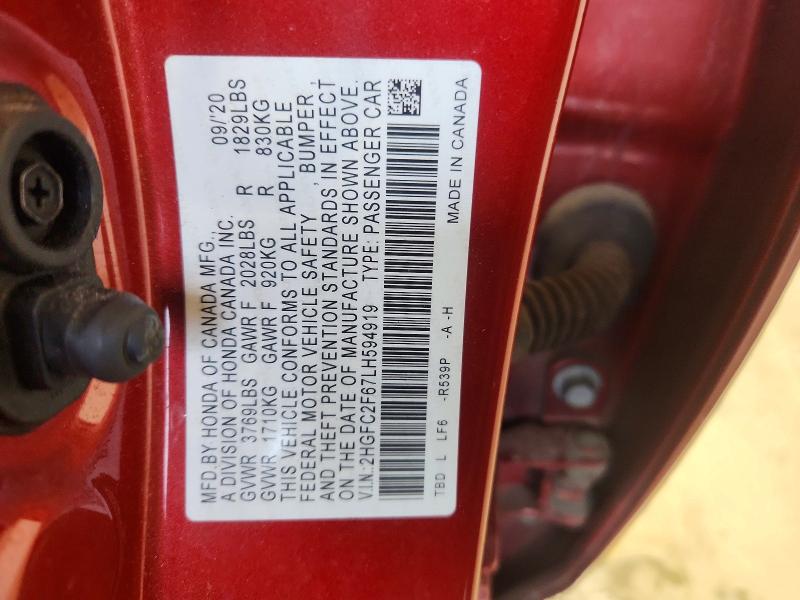 2020 Honda Civic მანქანა იყიდება აუქციონზე, vin: 2HGFC2F67LH594919, აუქციონის ნომერი: 58858736