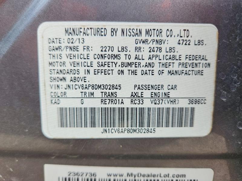 2013 Infiniti G37 Sedan მანქანა იყიდება აუქციონზე, vin: JN1CV6AP8DM302845, აუქციონის ნომერი: 55990136