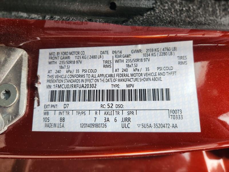 2015 Ford Escape მანქანა იყიდება აუქციონზე, vin: 1FMCU0J9XFUA20302, აუქციონის ნომერი: 57638296