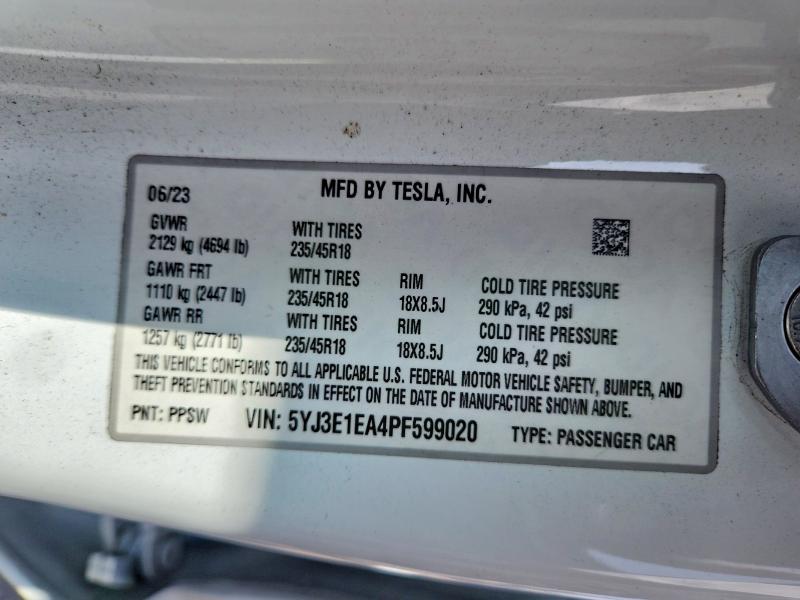 Продажа на аукционе авто 2023 Tesla Model 3, vin: 5YJ3E1EA4PF599020, номер лота: 58287136