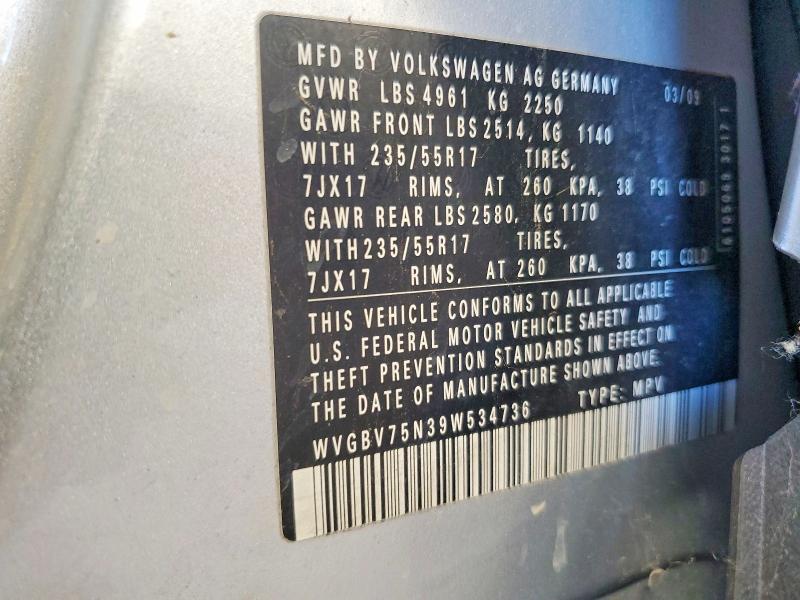 57445216 :رقم المزاد ، WVGBV75N39W534736 vin ، 2009 Volkswagen Tiguan مزاد بيع