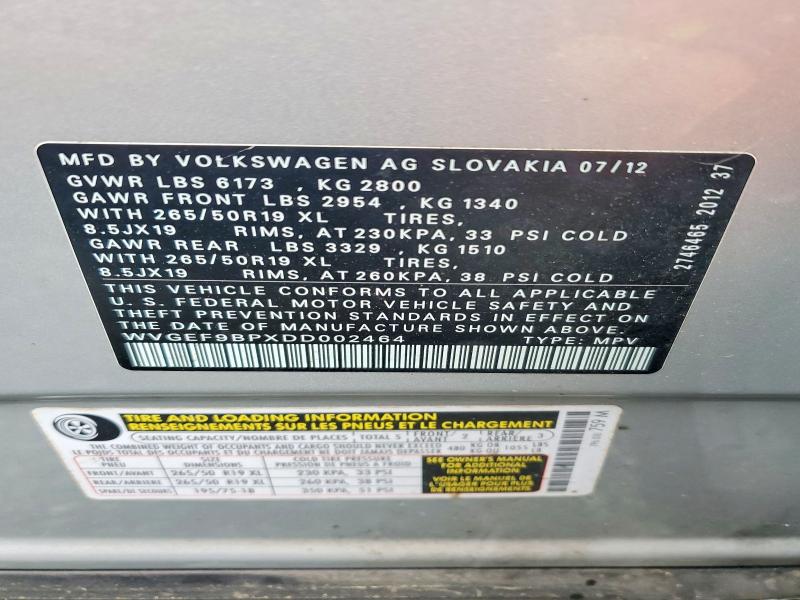 Продаж на аукціоні авто 2013 Volkswagen Touareg, vin: WVGEF9BPXDD002464, номер лоту: 57970416