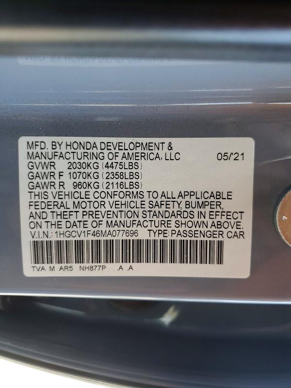 2021 Honda Accord მანქანა იყიდება აუქციონზე, vin: 1HGCV1F46MA077696, აუქციონის ნომერი: 55638546