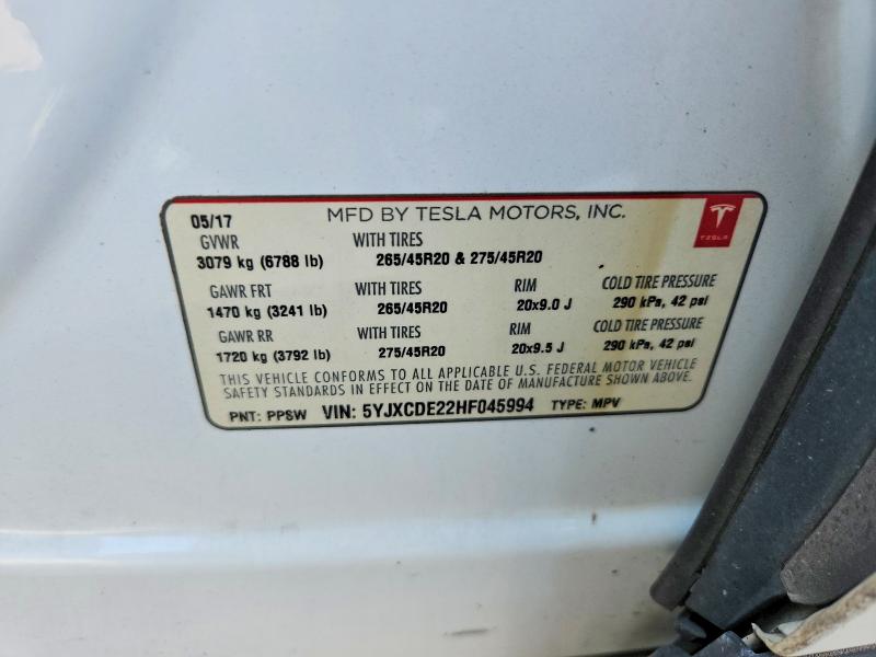 Продажа на аукционе авто 2017 Tesla Model X, vin: 5YJXCDE22HF045994, номер лота: 57679416