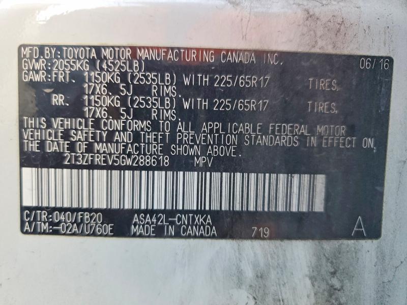 58599076 :رقم المزاد ، 2T3ZFREV5GW288618 vin ، 2016 Toyota Rav4 مزاد بيع