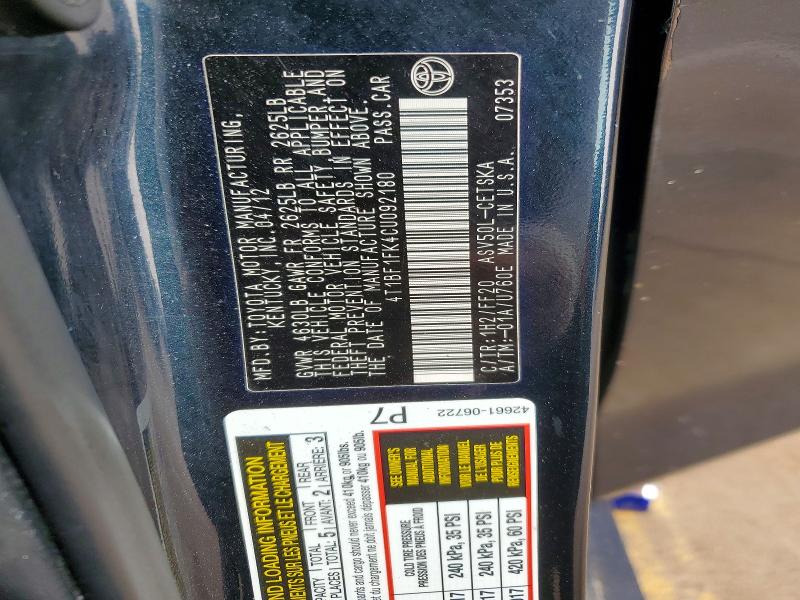 2012 Toyota Camry მანქანა იყიდება აუქციონზე, vin: 4T1BF1FK4CU092180, აუქციონის ნომერი: 55513526