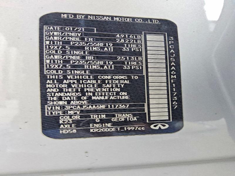 Aukcja sprzedaży 2021 Infiniti Qx50, vin: 3PCAJ5AA6MF117367, numer aukcji: 56647476