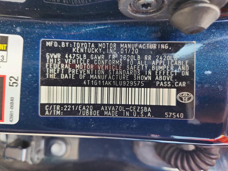 57520196 :رقم المزاد ، 4T1G11AK1LU929575 vin ، 2020 Toyota Camry مزاد بيع