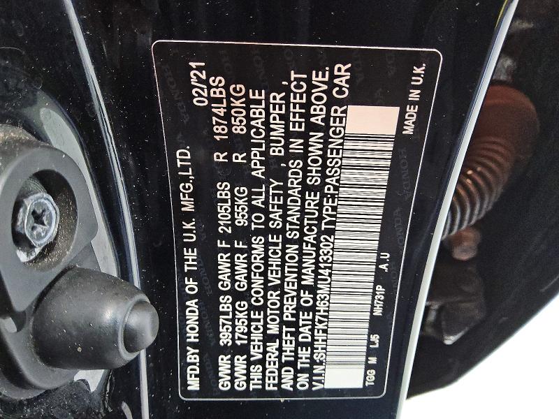 Продаж на аукціоні авто 2021 Honda Civic, vin: SHHFK7H63MU413302, номер лоту: 53987006