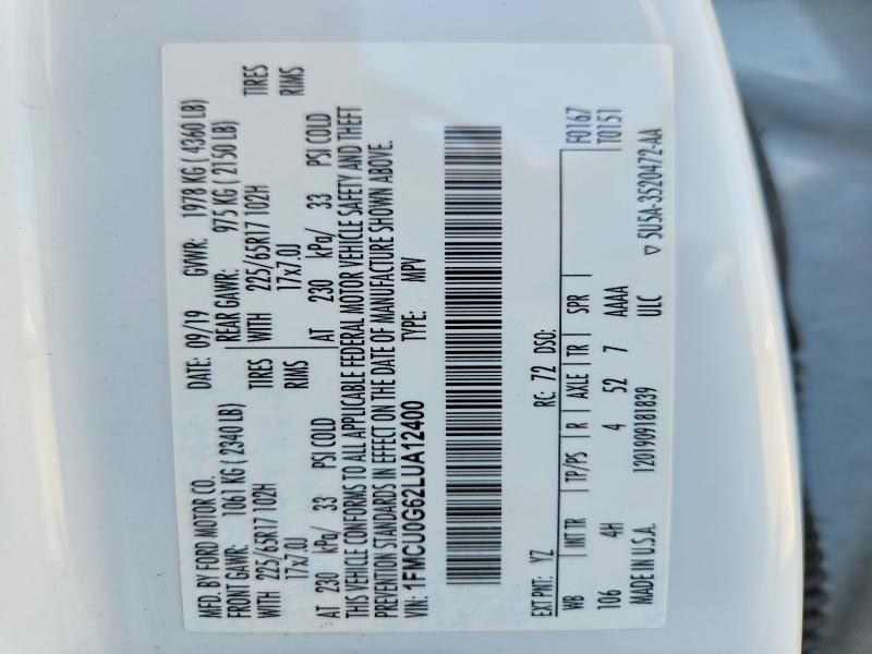 54903076 :رقم المزاد ، 1FMCU0G62LUA12400 vin ، 2020 Ford Escape مزاد بيع