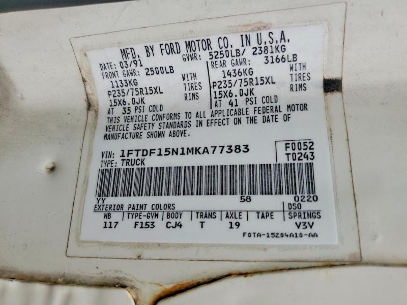 Продаж на аукціоні авто 1991 Ford F150, vin: 1FTDF15N1MKA77383, номер лоту: 57447226
