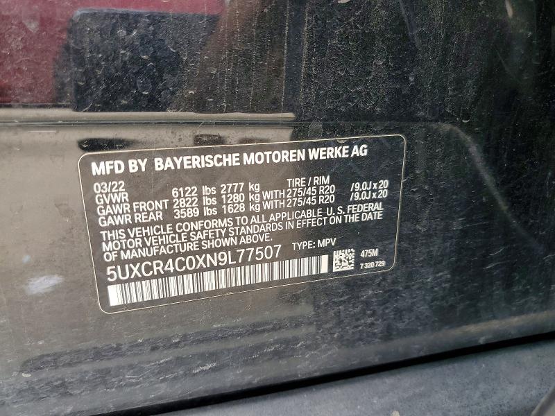 2022 Bmw X5 მანქანა იყიდება აუქციონზე, vin: 5UXCR4C0XN9L77507, აუქციონის ნომერი: 57482016