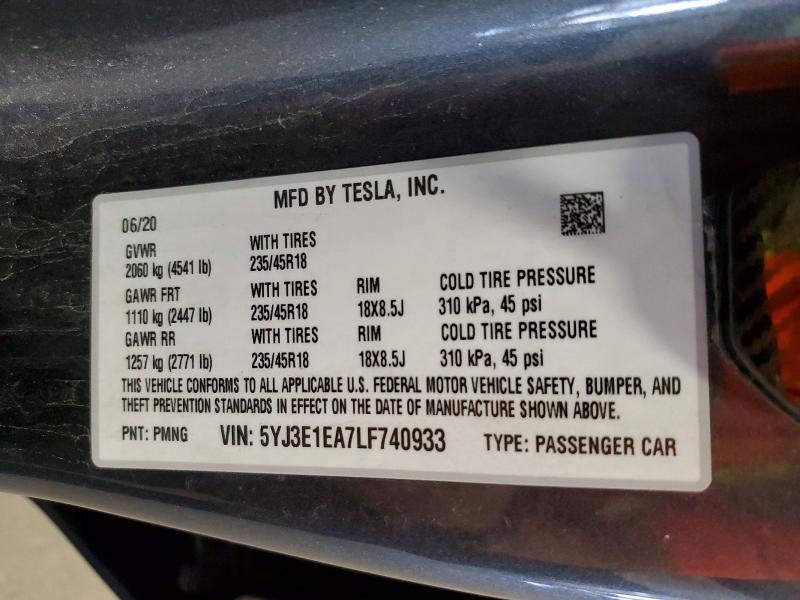 Продаж на аукціоні авто 2020 Tesla Model 3, vin: 5YJ3E1EA7LF740933, номер лоту: 57052936