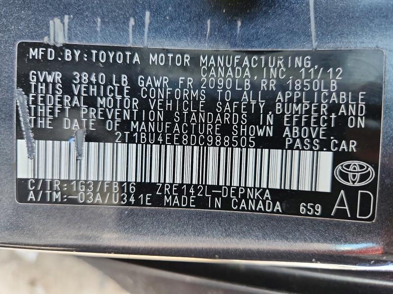 2013 Toyota Corolla მანქანა იყიდება აუქციონზე, vin: 2T1BU4EE8DC988505, აუქციონის ნომერი: 57937376