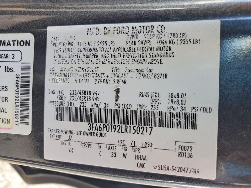 56974806 :رقم المزاد ، 3FA6P0T92LR150217 vin ، 2020 Ford Fusion مزاد بيع