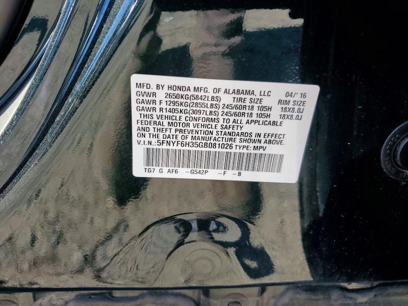 Продажа на аукционе авто 2016 Honda Pilot, vin: 5FNYF6H35GB081026, номер лота: 55492986