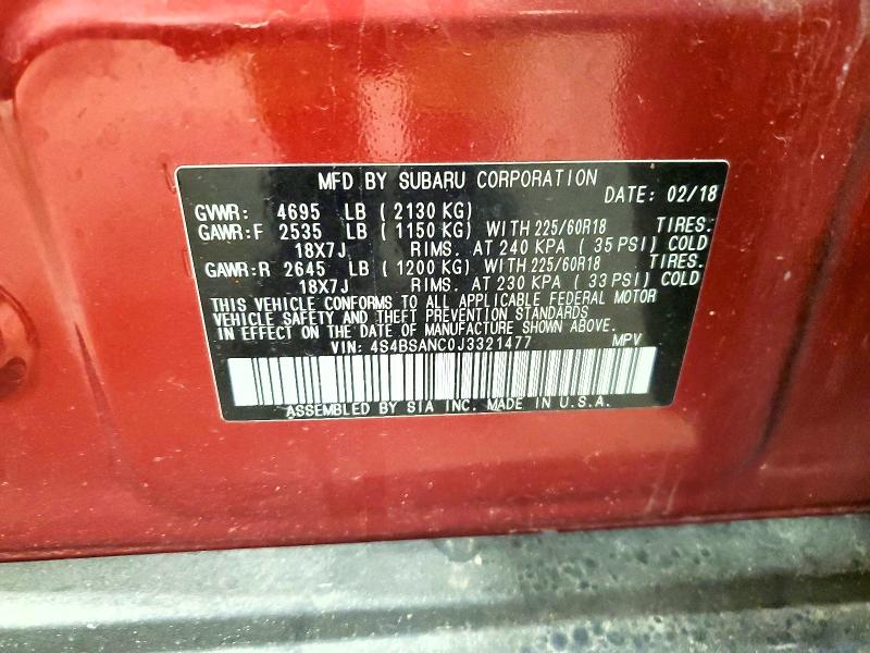 55221296 :رقم المزاد ، 4S4BSANC0J3321477 vin ، 2018 Subaru Outback مزاد بيع