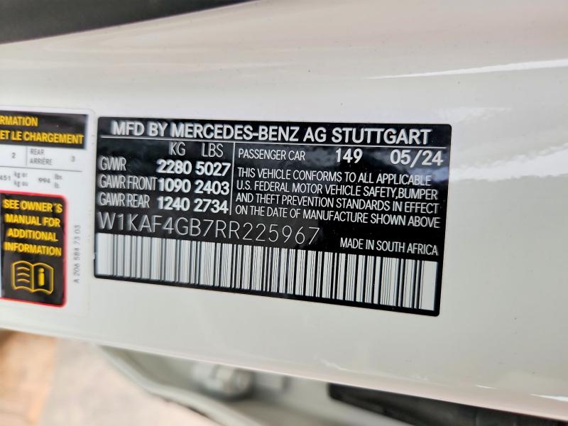 55412076 :رقم المزاد ، W1KAF4GB7RR225967 vin ، 2024 Mercedes-benz C مزاد بيع
