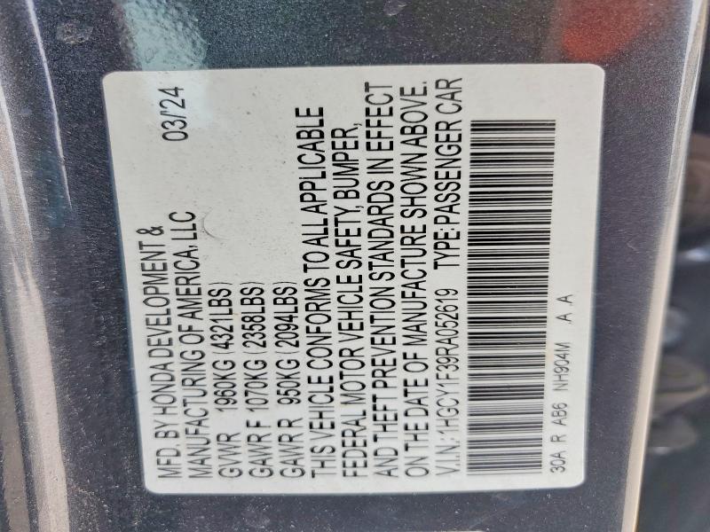 57001756 :رقم المزاد ، 1HGCY1F39RA052619 vin ، 2024 Honda Accord مزاد بيع