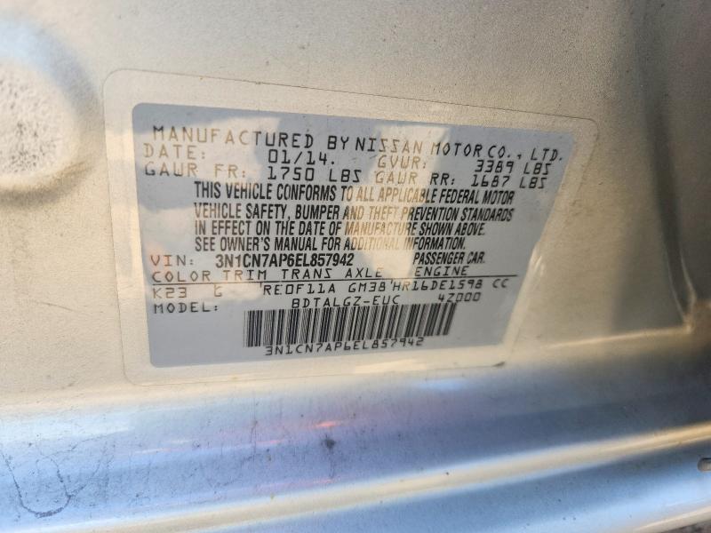 Продажа на аукционе авто 2014 Nissan Versa, vin: 3N1CN7AP6EL857942, номер лота: 57124666