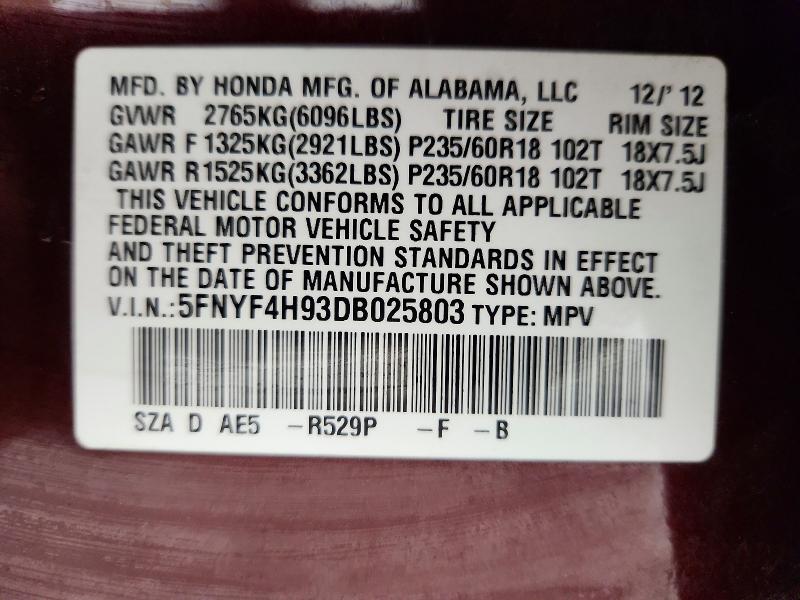 Продажа на аукционе авто 2013 Honda Pilot, vin: 5FNYF4H93DB025803, номер лота: 58199626