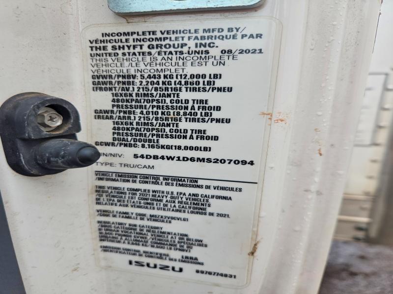 Aukcja sprzedaży 2021 Isuzu Npr, vin: 54DB4W1D6MS207094, numer aukcji: 55449106