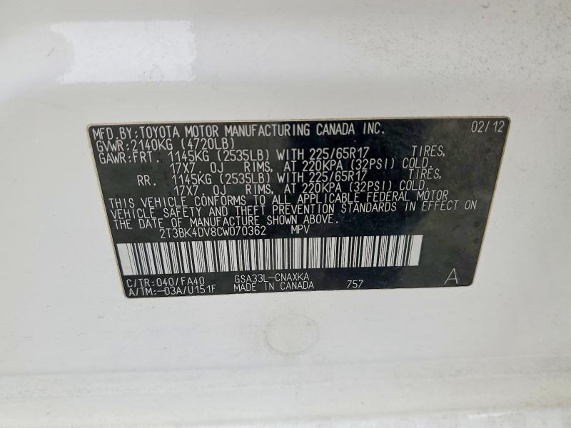 Aukcja sprzedaży 2012 Toyota Rav4, vin: 2T3BK4DV8CW070362, numer aukcji: 56503846