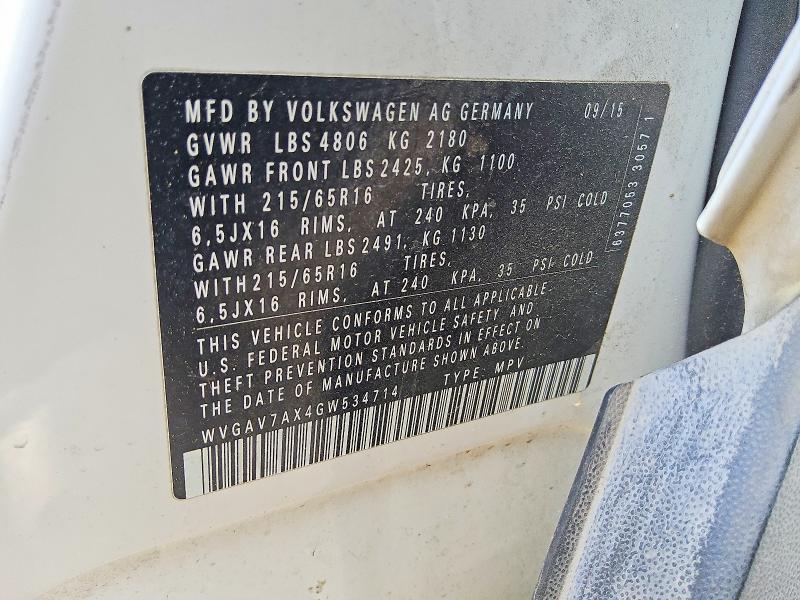 2016 Volkswagen Tiguan მანქანა იყიდება აუქციონზე, vin: WVGAV7AX4GW534714, აუქციონის ნომერი: 58413076
