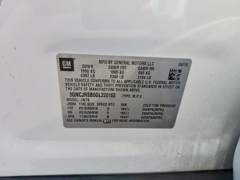 Aukcja sprzedaży 2016 Chevrolet Trax, vin: 3GNCJRSB6GL220163, numer aukcji: 58513516