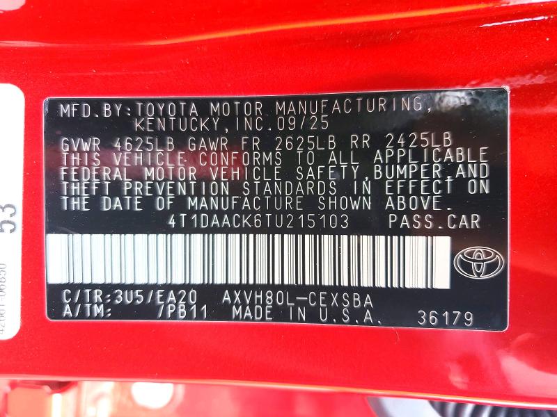 54794716 :رقم المزاد ، 4T1DAACK6TU215103 vin ، 2026 Toyota Camry مزاد بيع
