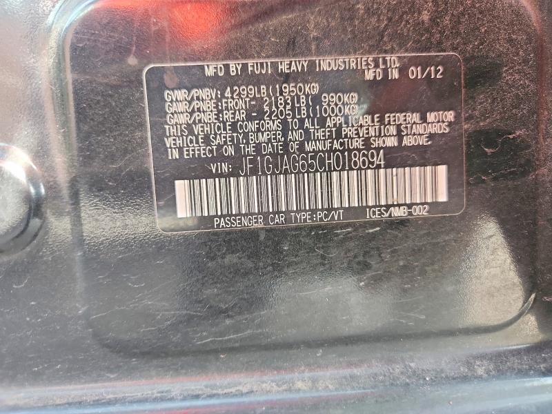 2012 Subaru Impreza მანქანა იყიდება აუქციონზე, vin: JF1GJAG65CH018694, აუქციონის ნომერი: 58444766