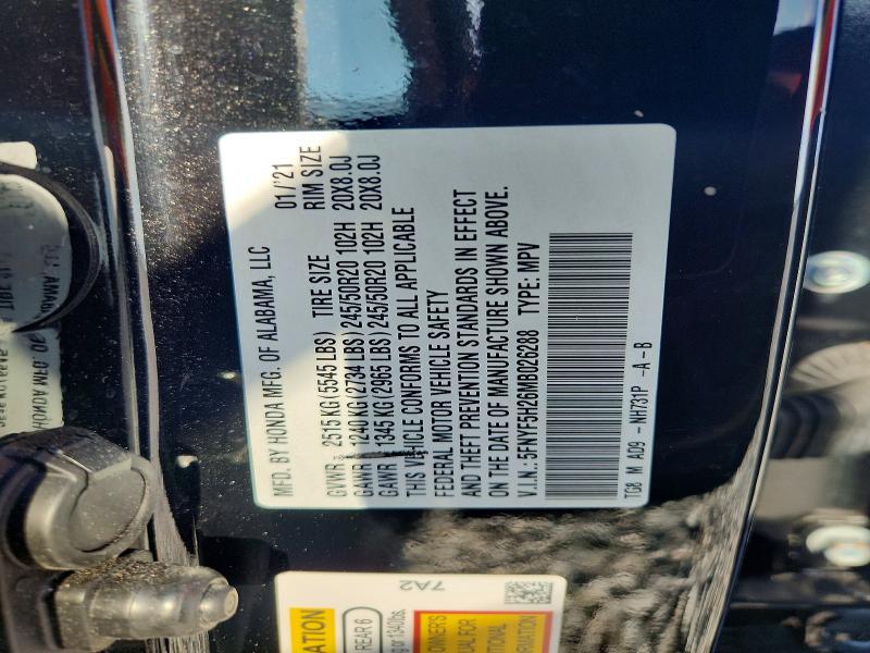 Aukcja sprzedaży 2021 Honda Pilot, vin: 5FNYF5H26MB026288, numer aukcji: 57121896