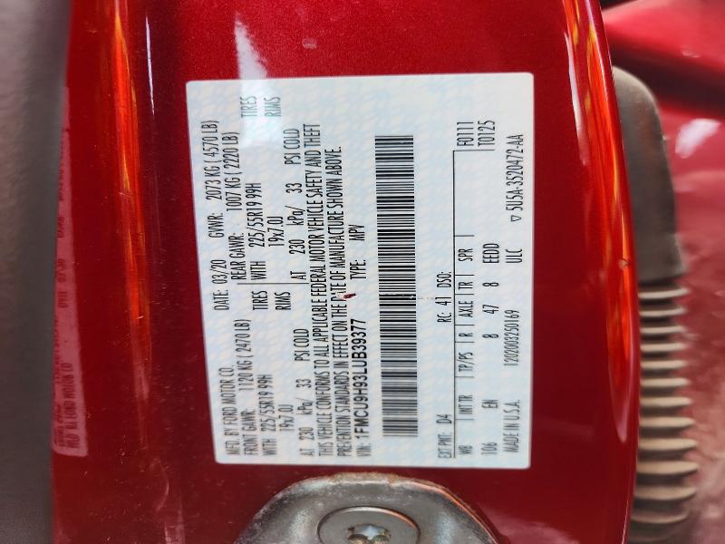 2020 Ford Escape მანქანა იყიდება აუქციონზე, vin: 1FMCU9H93LUB39377, აუქციონის ნომერი: 57750466