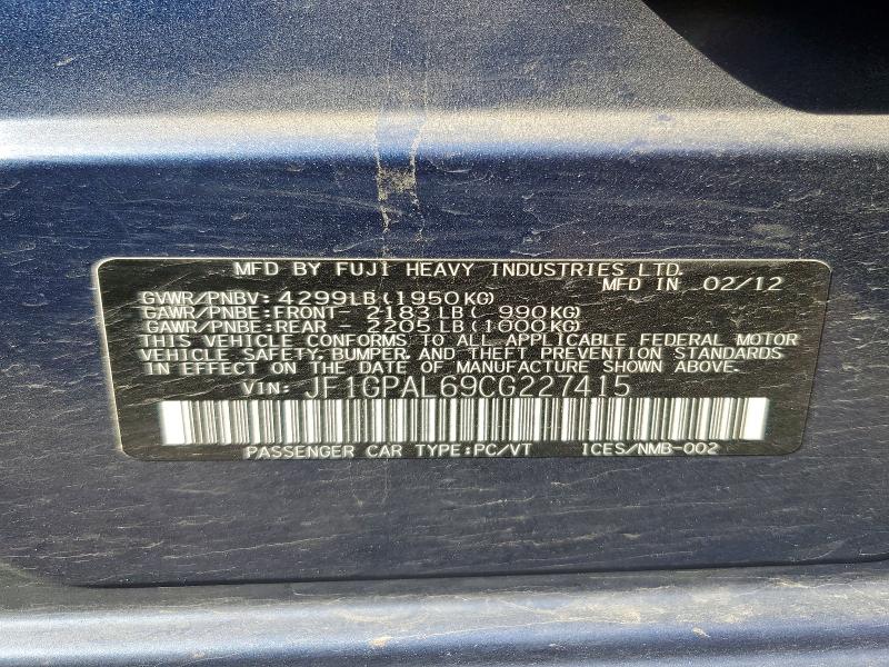 Auction sale of the 2012 Subaru Impreza, vin: JF1GPAL69CG227415, lot number: 56861136