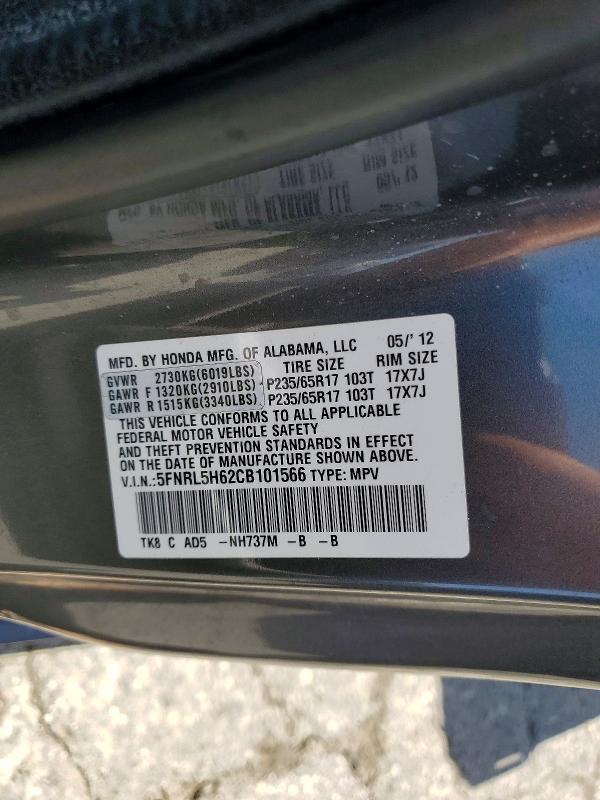 56370886 :رقم المزاد ، 5FNRL5H62CB101566 vin ، 2012 Honda Odyssey مزاد بيع