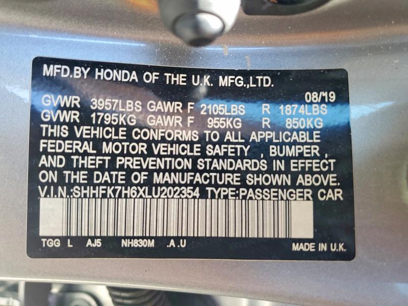 58256596 :رقم المزاد ، SHHFK7H6XLU202354 vin ، 2020 Honda Civic مزاد بيع