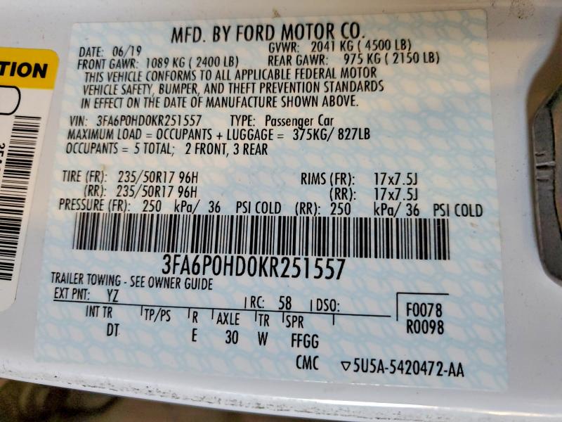 56929246 :رقم المزاد ، 3FA6P0HD0KR251557 vin ، 2019 Ford Fusion مزاد بيع