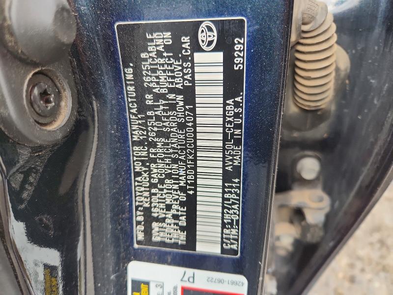 Aukcja sprzedaży 2012 Toyota Camry Hybrid, vin: 4T1BD1FK2CU004071, numer aukcji: 55754796